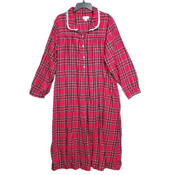 Lanz of Salzburg Nightgown Red Tartan Peter Pan Flannel Gown Red Plaid Pajama XL - Picture 1 of 9